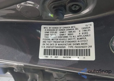 2017 Honda Civic Ex from USA, damaged, VIN 2HGFC2F75HH502920